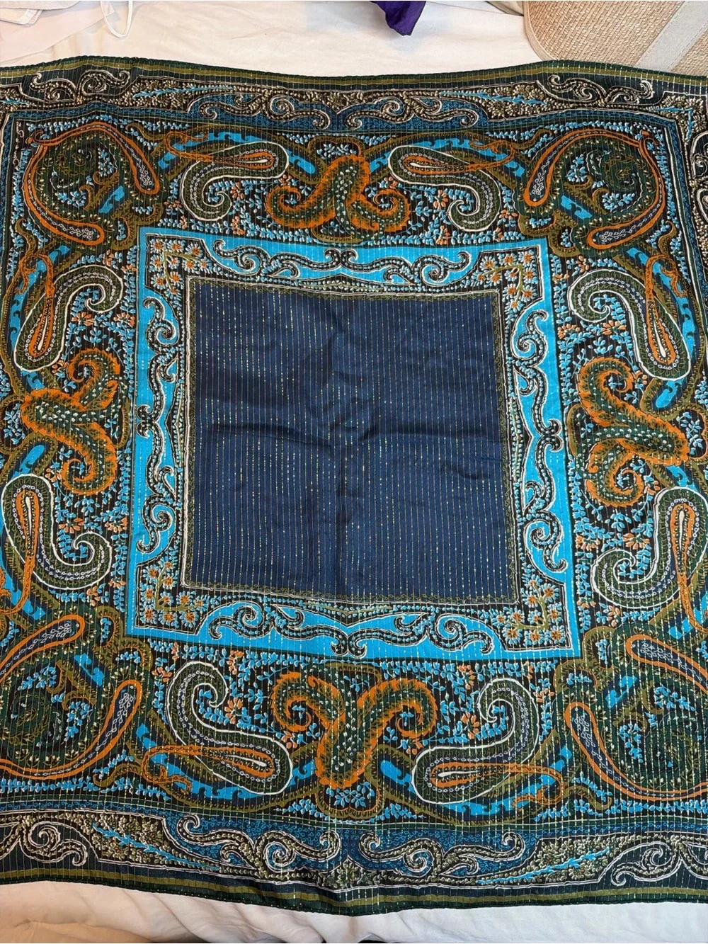 Vintage Oscar de la Renta Paisley Scarf in Navy, Teal & Olive